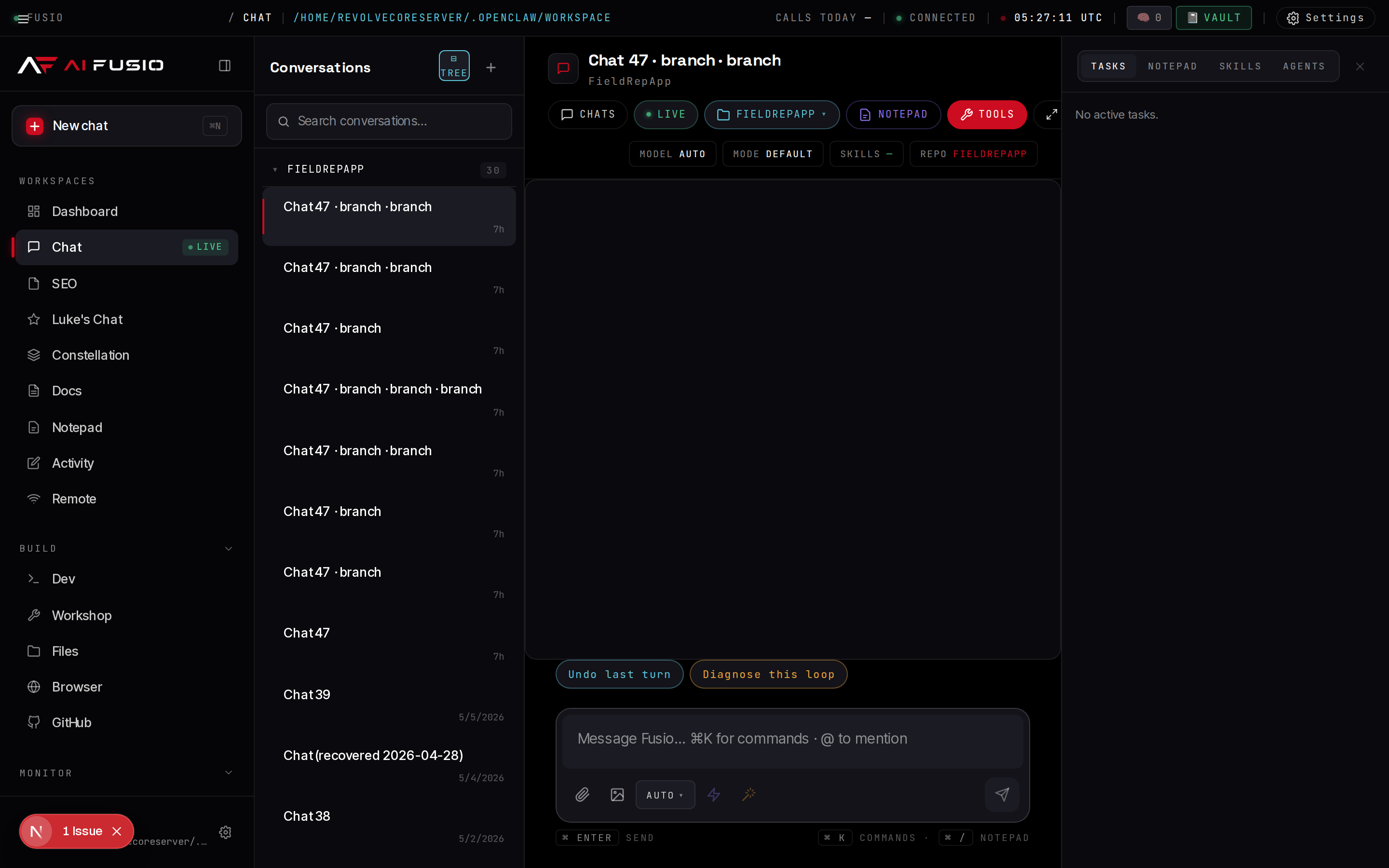 AiFusio MC chat panel with sessions sidebar, project pill, model/mode/skills/repo chips