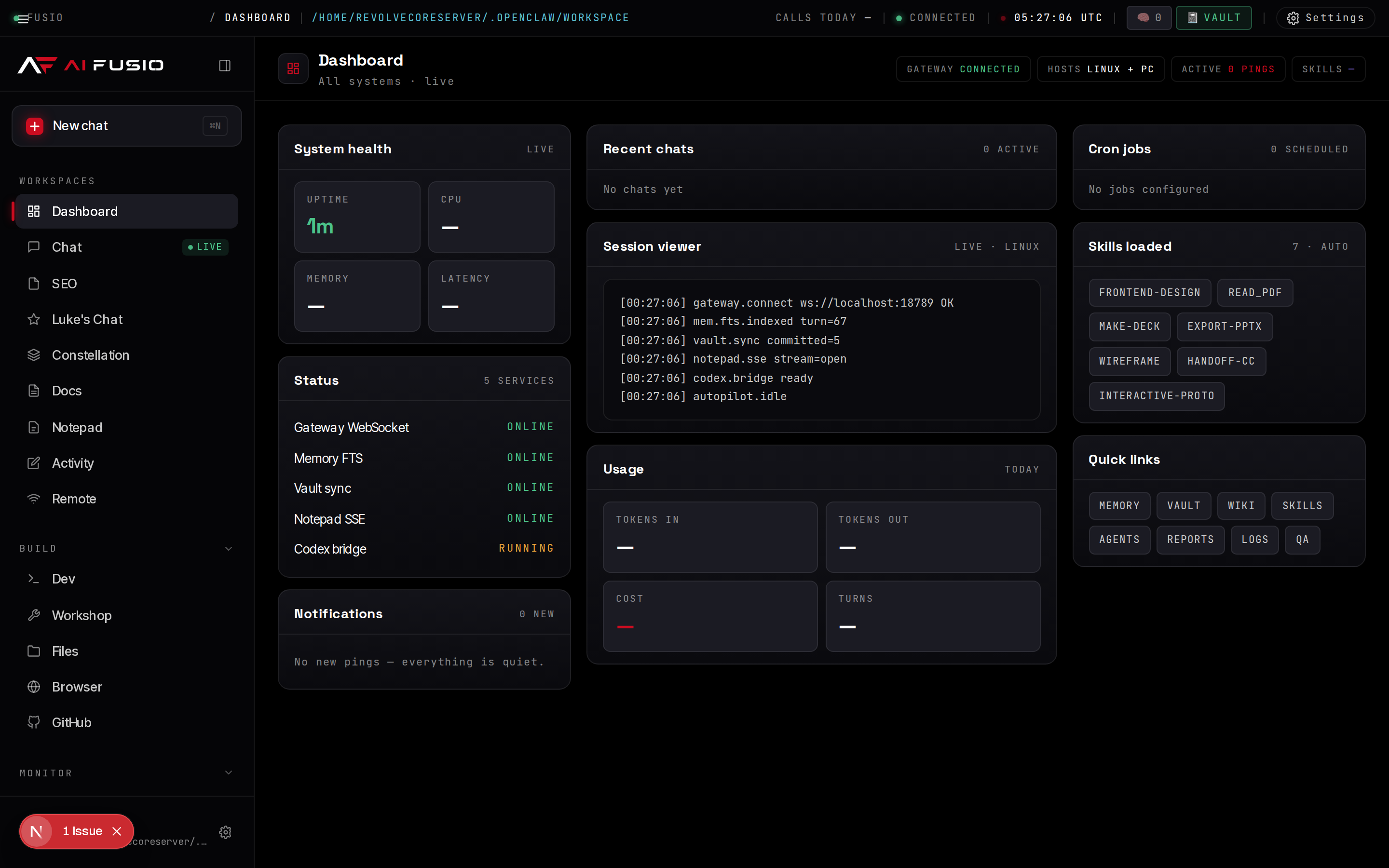AiFusio MC dashboard — system health, recent chats, cron jobs, status, session viewer, skills loaded, usage, notifications, quick links