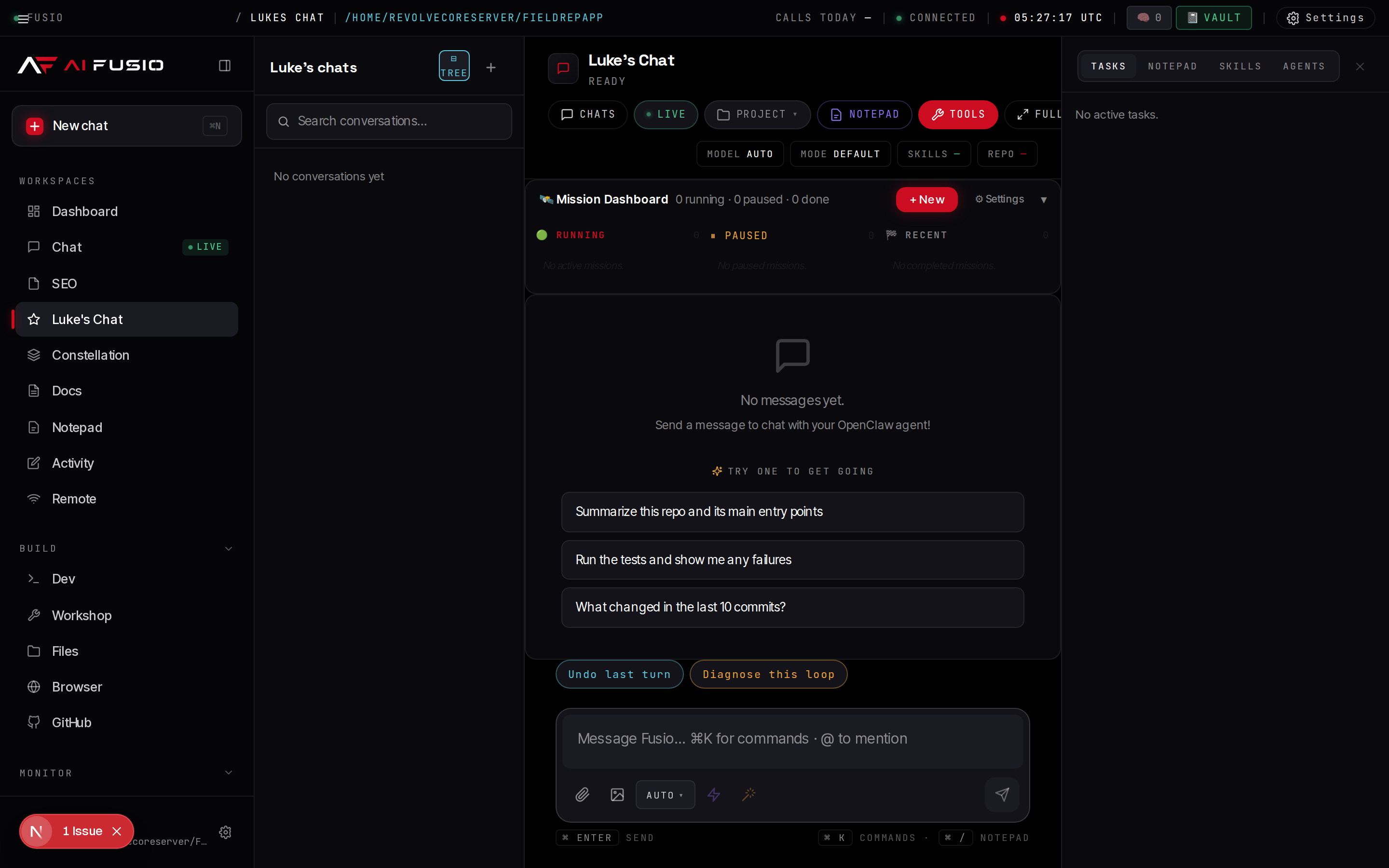 AiFusio MC Luke's Chat — multi-agent missions dashboard
